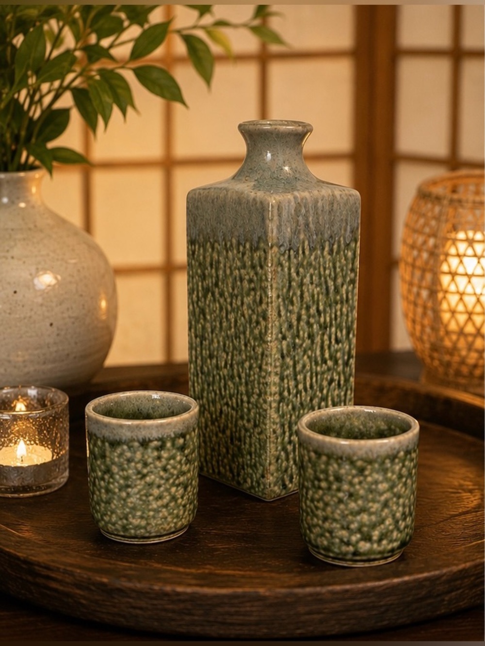 Vintage Japanese Stoneware Sake Set 3 Pc Green Glazed Decanter Cups Japan
